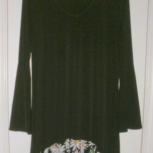 RODEO ROSE sz L BLACK Long Sleeve Knit DRESS with HI Low SUNFLOWER HEM made USA
